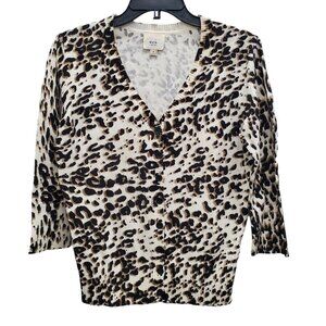 ECI New York Women's White Leopard Print Knit 3/4 Sleeve Button Up Cardigan Sz M